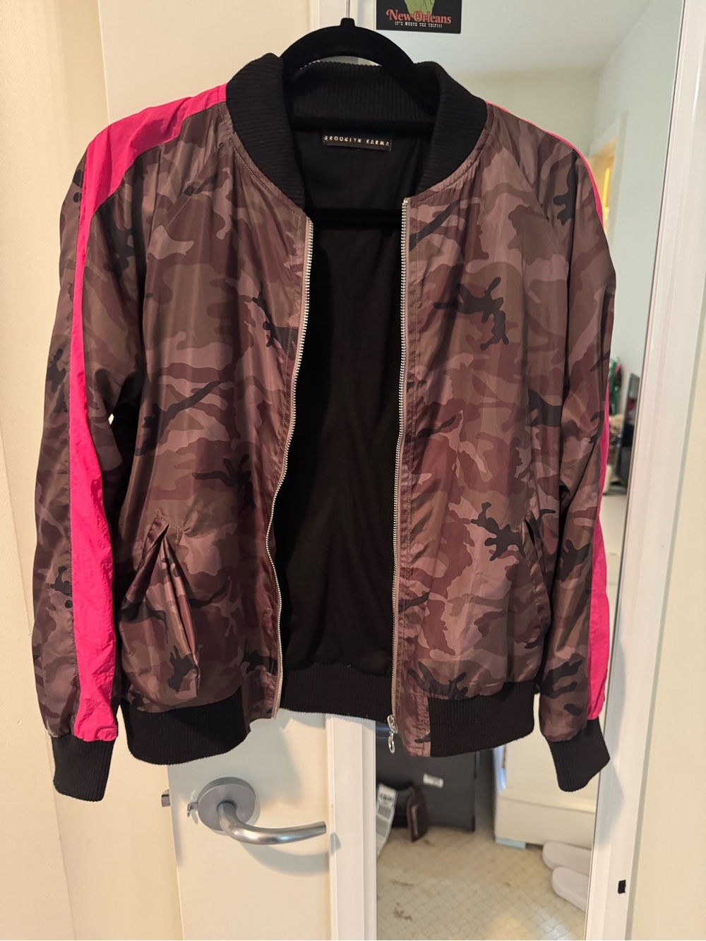 Brooklyn Karma Camo Bomber Jacket with Pink Sleeve Stripe